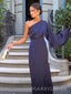 Long Sleeves Mermaid Navy Blue Satin Long Evening Prom Dresses, One Shoulder Prom Dress, MR9336