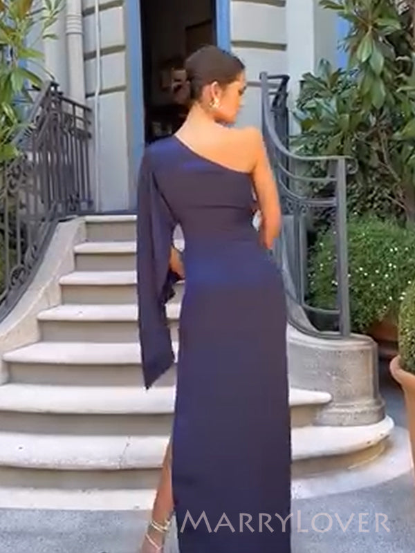 Long Sleeves Mermaid Navy Blue Satin Long Evening Prom Dresses, One Shoulder Prom Dress, MR9336