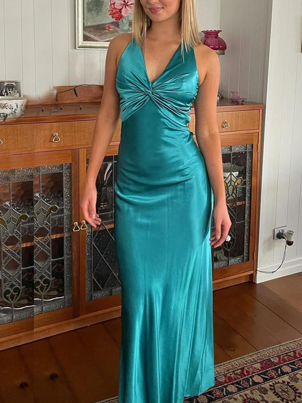 Lovely V-neck Satin Long Evening Prom Dresses, Backless V-neck Prom Dress, MR9337