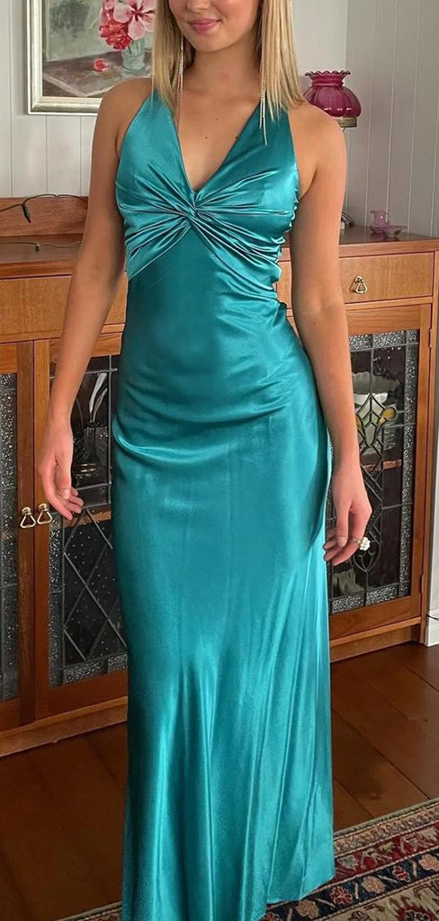 Lovely V-neck Satin Long Evening Prom Dresses, Backless V-neck Prom Dress, MR9337