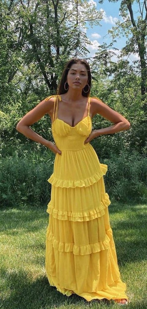 Formal A-line Yellow Spaghetti Straps Long Evening Prom Dresses, MR9340