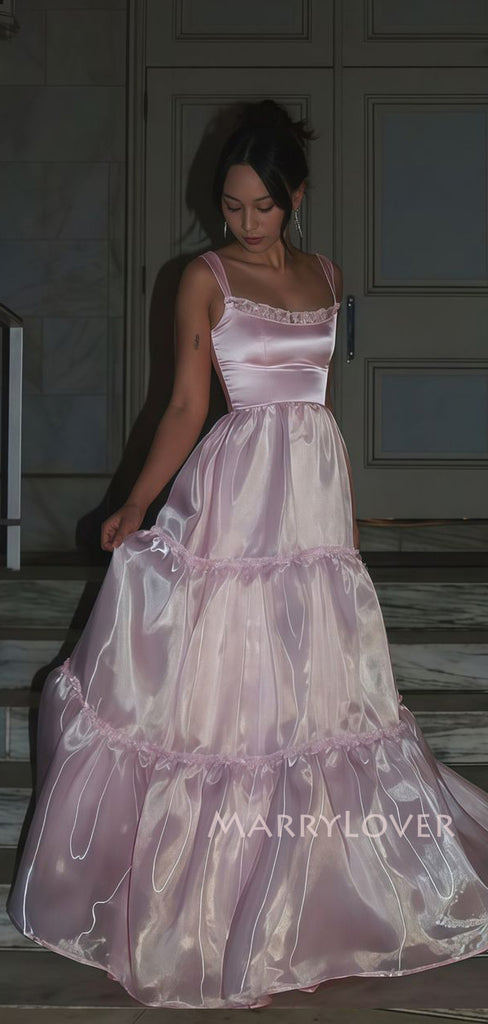 Unique Pink A-line Straps Long Evening Prom Dresses, MR9341