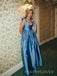 Elegant Blue Satin A-line Long Evening Prom Dresses, MR9342