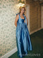 Elegant Blue Satin A-line Long Evening Prom Dresses, MR9342