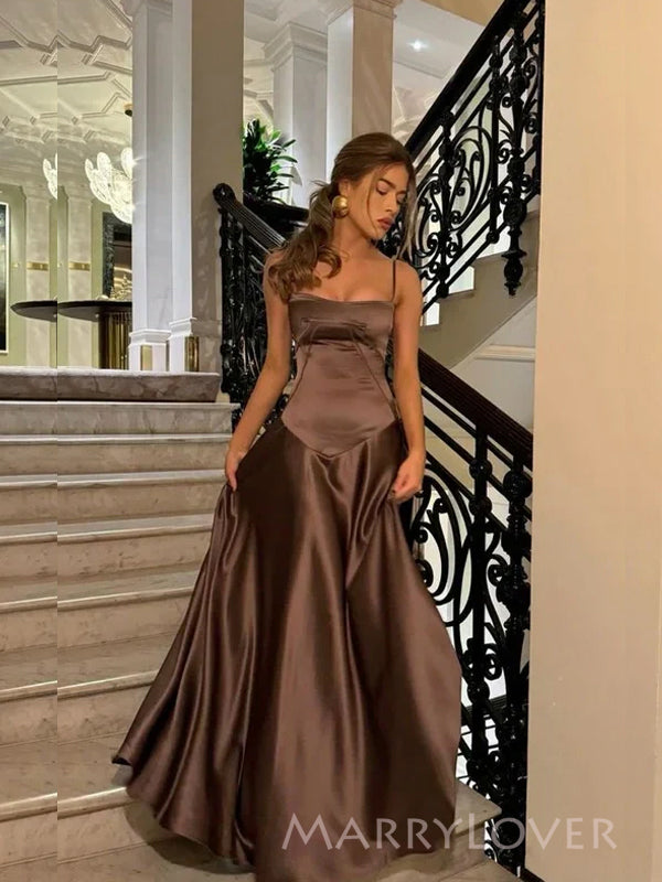 Spaghetti Straps Brown Satin Long Evening Prom Dresses, A-line Prom Dr MarryLover Spaghetti Straps Brown Satin Long Evening Prom Dresses, A-line Prom Dr MarryLover
