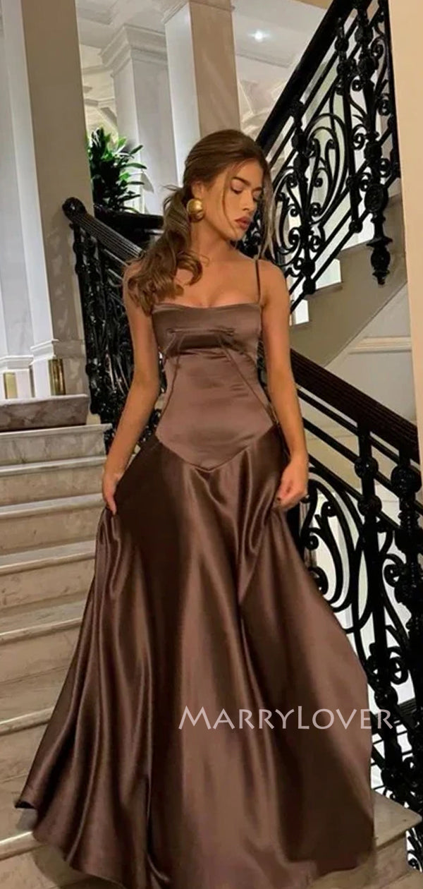 Spaghetti Straps Brown Satin Long Evening Prom Dresses, A-line Prom Dress, MR9343 Spaghetti Straps Brown Satin Long Evening Prom Dresses, A-line Prom Dress, MR9343