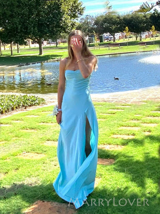 Blue Satin Mermaid Spaghetti Straps Long Evening Prom Dresses, High Slit Prom Dress, MR9344