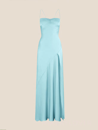 Blue Satin Mermaid Spaghetti Straps Long Evening Prom Dresses, High Slit Prom Dress, MR9344