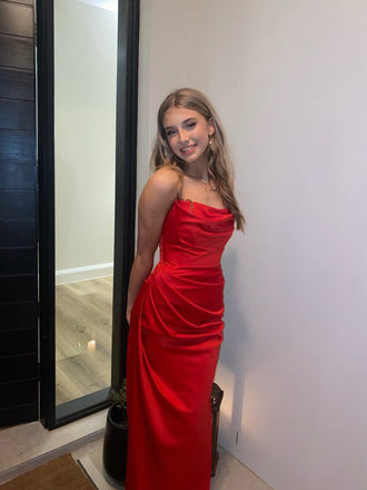 Strapless Red Satin Mermaid Long Evening Prom Dresses, MR9345