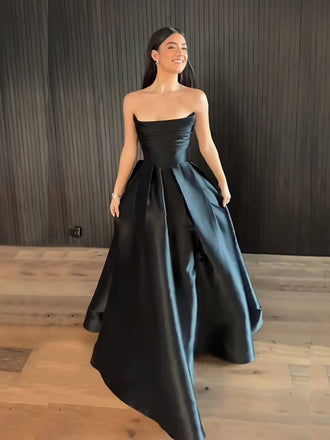 Formal Strapless Black Satin A-line Long Evening Prom Dresses, MR9346