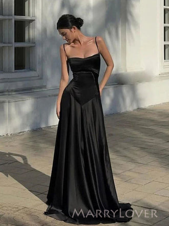 Elegant Black Satin A-line Long Evening Prom Dresses, MR9347