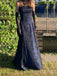 A-line Black Blue Spaghetti Straps Long Evening Prom Dresses, Lace Prom Dress, MR9350