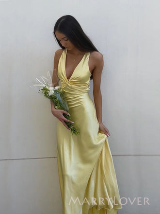 Yellow Satin Mermaid Long Evening Prom Dresses, Deep V-neck Prom Dress, MR9354