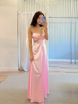 Sweetheart Pink Satin Long Evening Prom Dresses, MR9356