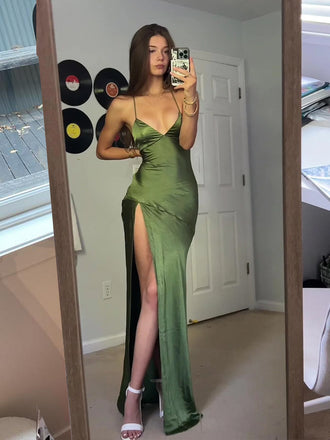 Sheath Spaghetti Straps Mermaid Elastic Satin Long Evening Prom Dresses, Side Slit Prom Dress, MR9357