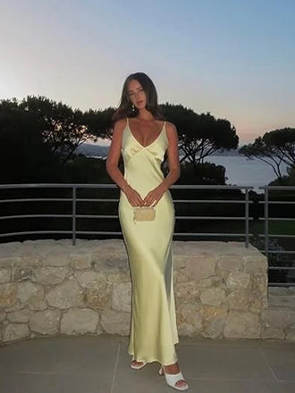 Deep V-neck Yellow Satin Mermaid Long Evening Prom Dresses, Spaghetti Straps Prom Dress, MR9360