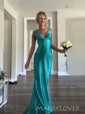 Simple Blue Satin Mermaid Long Evening Prom Dresses, V-neck Prom Dress, MR9361