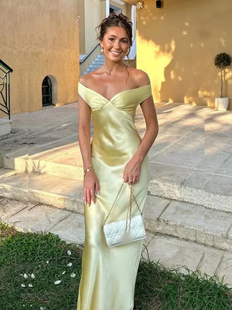 Popular Yellow Satin Mermaid Long Evening Prom Dresses, Backless Prom Dress, MR9364