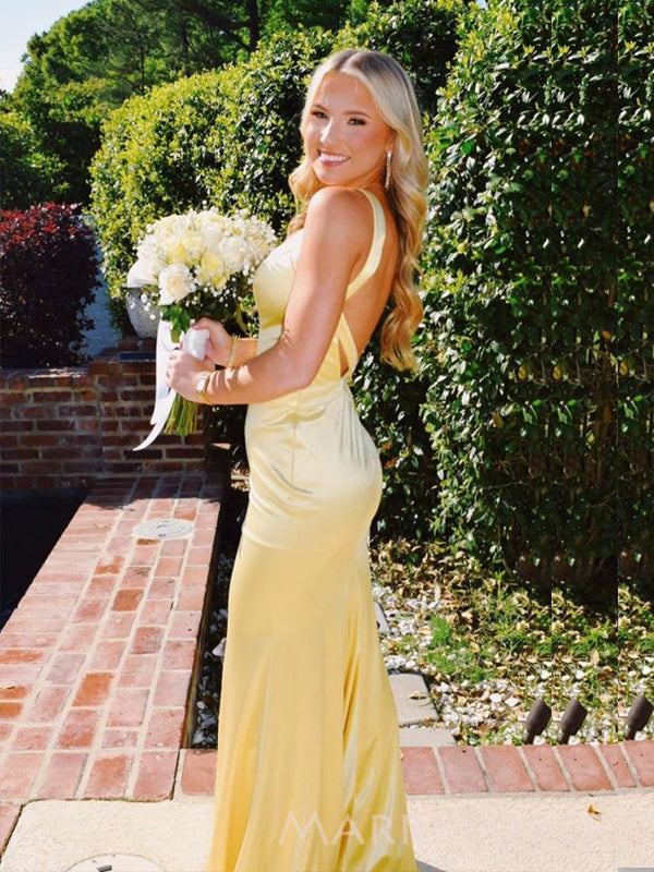 Lovely Backless Yellow Satin V-neck Long Evening Prom Dresses, Mermaid MarryLover Lovely Backless Yellow Satin V-neck Long Evening Prom Dresses, Mermaid MarryLover
