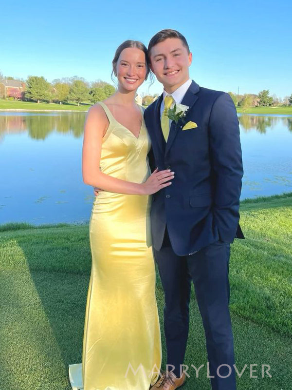 Lovely Backless Yellow Satin V-neck Long Evening Prom Dresses, Mermaid MarryLover Lovely Backless Yellow Satin V-neck Long Evening Prom Dresses, Mermaid MarryLover