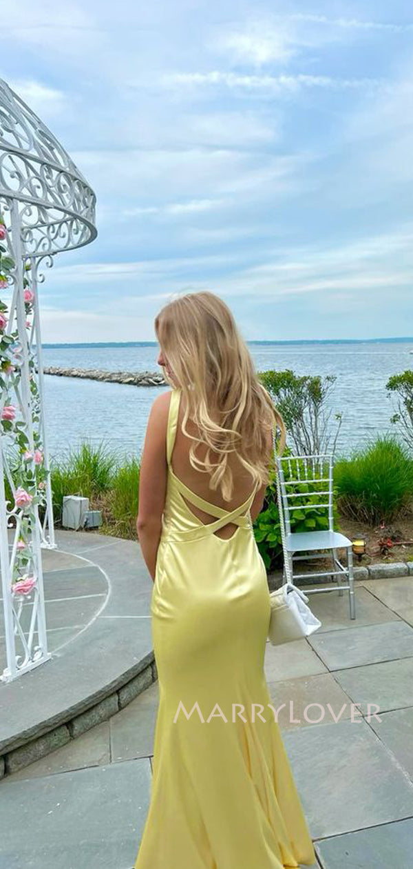 Lovely Backless Yellow Satin V-neck Long Evening Prom Dresses, Mermaid MarryLover Lovely Backless Yellow Satin V-neck Long Evening Prom Dresses, Mermaid MarryLover
