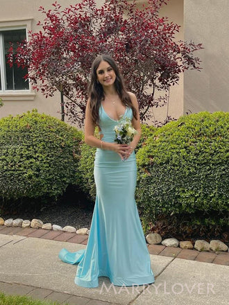 Gorgeous Deep V-neck Blue Long Evening Prom Dresses, Mermaid Prom Dress, MR9372