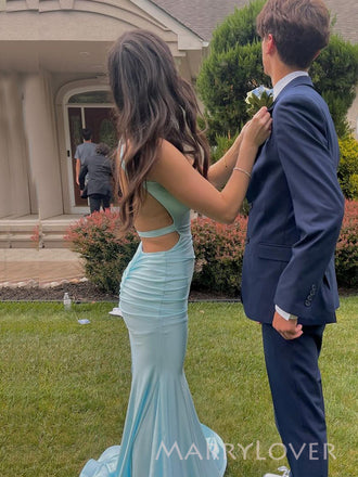 Gorgeous Deep V-neck Blue Long Evening Prom Dresses, Mermaid Prom Dress, MR9372