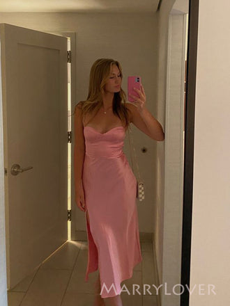 Spaghetti Straps Pink Satin Mermaid Side Slit Long Evening Prom Dresses, MR9375