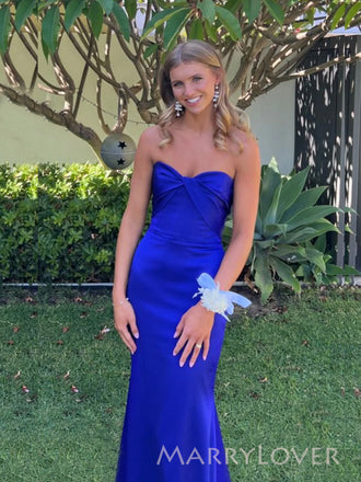 Royal Blue Satin Mermaid Sweet Heart Long Evening Prom Dresses, MR9379