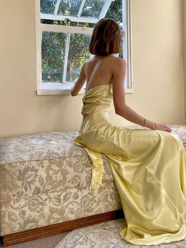 Unique Yellow Satin Spaghetti Straps Mermaid Long Evening Prom Dresses, V-neck Prom Dress, MR9382