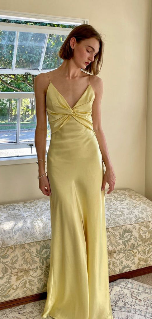 Unique Yellow Satin Spaghetti Straps Mermaid Long Evening Prom Dresses, V-neck Prom Dress, MR9382
