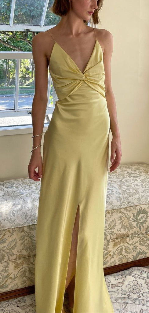 Unique Yellow Satin Spaghetti Straps Mermaid Long Evening Prom Dresses, V-neck Prom Dress, MR9382