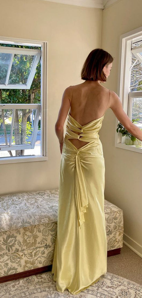 Unique Yellow Satin Spaghetti Straps Mermaid Long Evening Prom Dresses, V-neck Prom Dress, MR9382