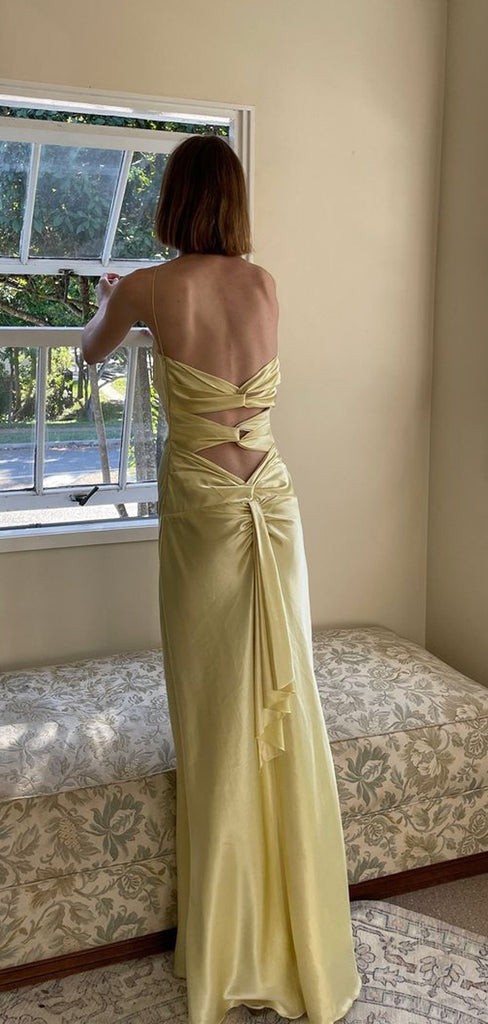 Unique Yellow Satin Spaghetti Straps Mermaid Long Evening Prom Dresses, V-neck Prom Dress, MR9382