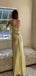 Unique Yellow Satin Spaghetti Straps Mermaid Long Evening Prom Dresses, V-neck Prom Dress, MR9382