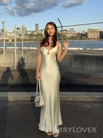 Simple Mermaid White Satin Spaghetti Straps Long Evening Prom Dresses, MR9384