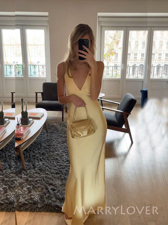 Deep V-neck Satin Mermaid Backless Long Evening Prom Dresses, MR9385