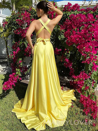 Lovely Yellow Satin A-line Long Evening Prom Dresses, Deep V-neck Prom Dress, MR9389