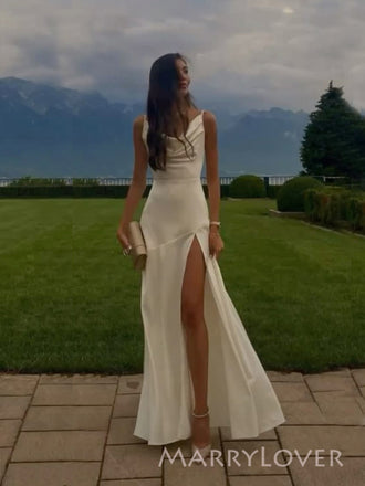 High Slit White Satin Spaghetti Straps Evening Prom Dresses, Wedding dress, MR9395