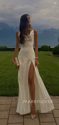 High Slit White Satin Spaghetti Straps Evening Prom Dresses, Wedding dress, MR9395