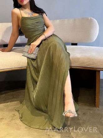 Simple Green A-line Spaghetti Straps Long Evening Prom Dresses, MR9399