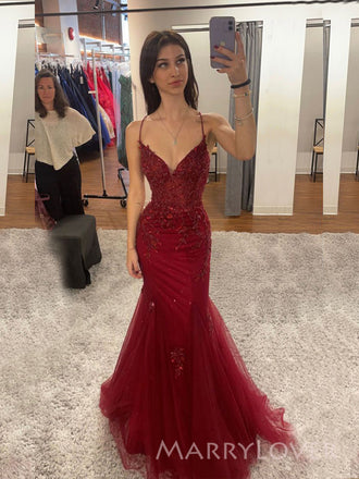 Elegant Burgundy Tulle Appliques V-neck Long Evening Prom Dresses, Mermaid Prom Dress, MR9410