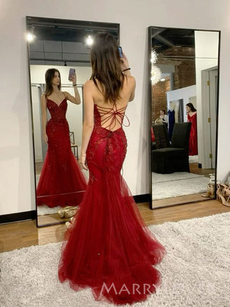 Elegant Burgundy Tulle Appliques V-neck Long Evening Prom Dresses, Mermaid Prom Dress, MR9410