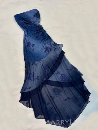 Navy Blue Chiffon Mermaid Strapless Long Evening Prom Dresses, MR9413