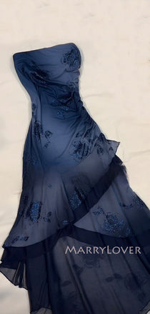 Navy Blue Chiffon Mermaid Strapless Long Evening Prom Dresses, MR9413