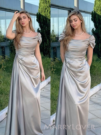 Silver Grey Satin Off Shoulder Long Evening Prom Dresses, MR9415