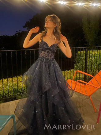 Navy Blue Sparkly Tulle Long Evening Prom Dresses, A-line Prom Dress, MR9416