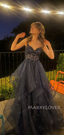 Navy Blue Sparkly Tulle Long Evening Prom Dresses, A-line Prom Dress, MR9416