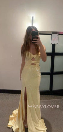 Mermaid Gold Sparkly Sweetheart Long Evening Prom Dresses, Side Slit prom dress, MR9418