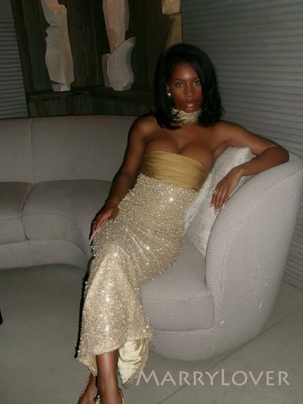 Sexy Gold Mermaid Strapless Long Evening Prom Dresses, MR9419